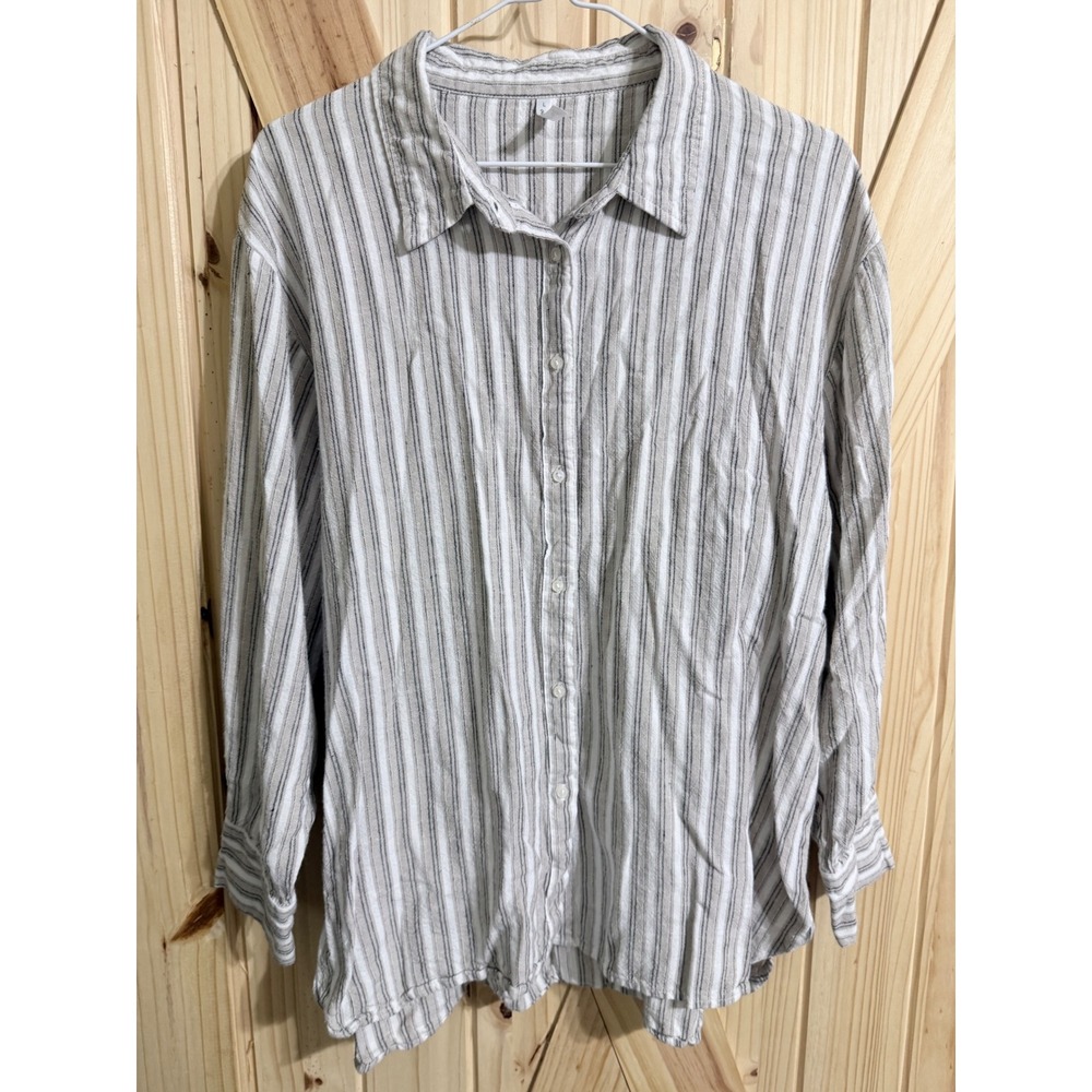Passports Linen Blend Striped Button Down Shirt Neutral Long Sleeve Large